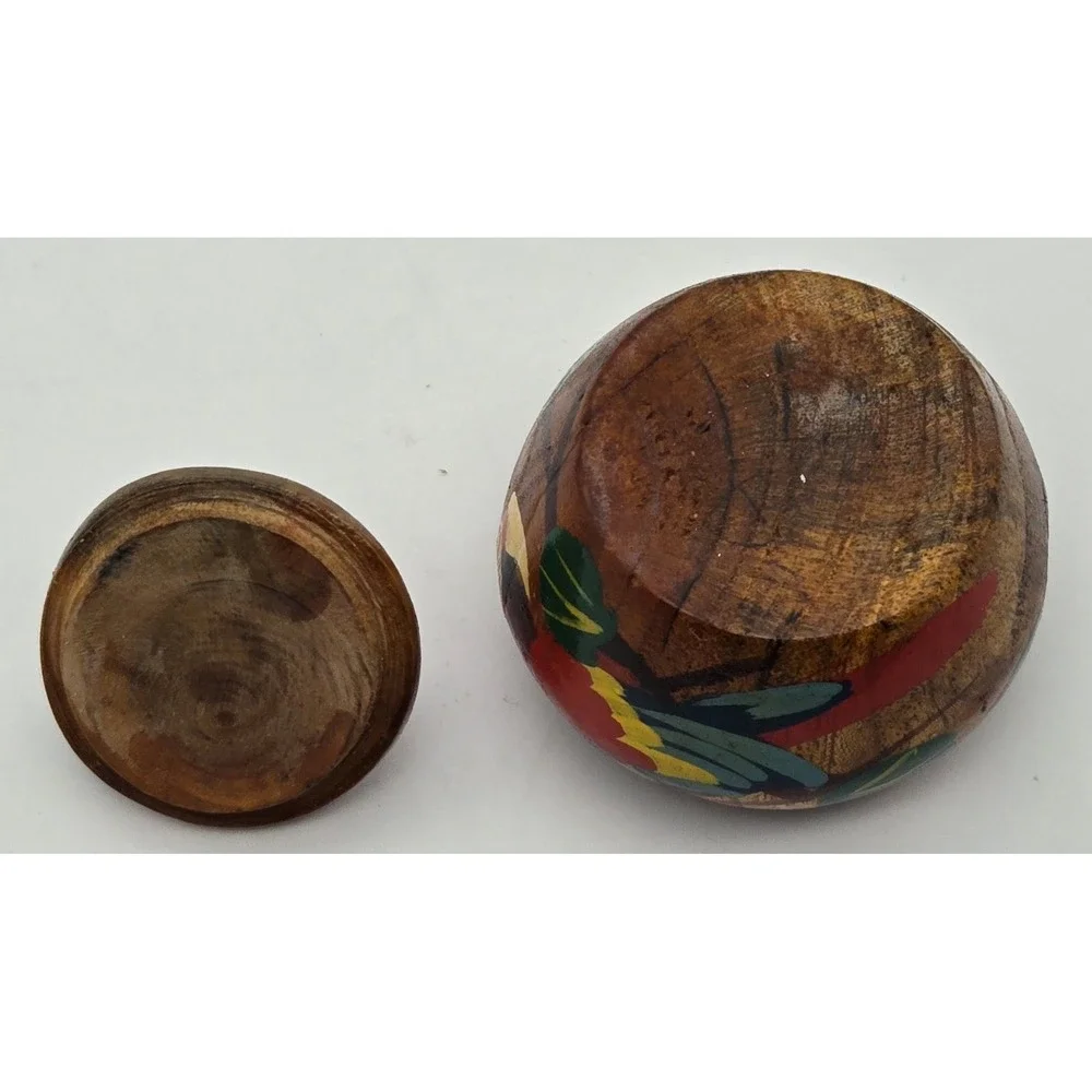 Hand Carved Wooden Trinket Jar Parrot Painted Colorful Lid Tropical Island Decor
